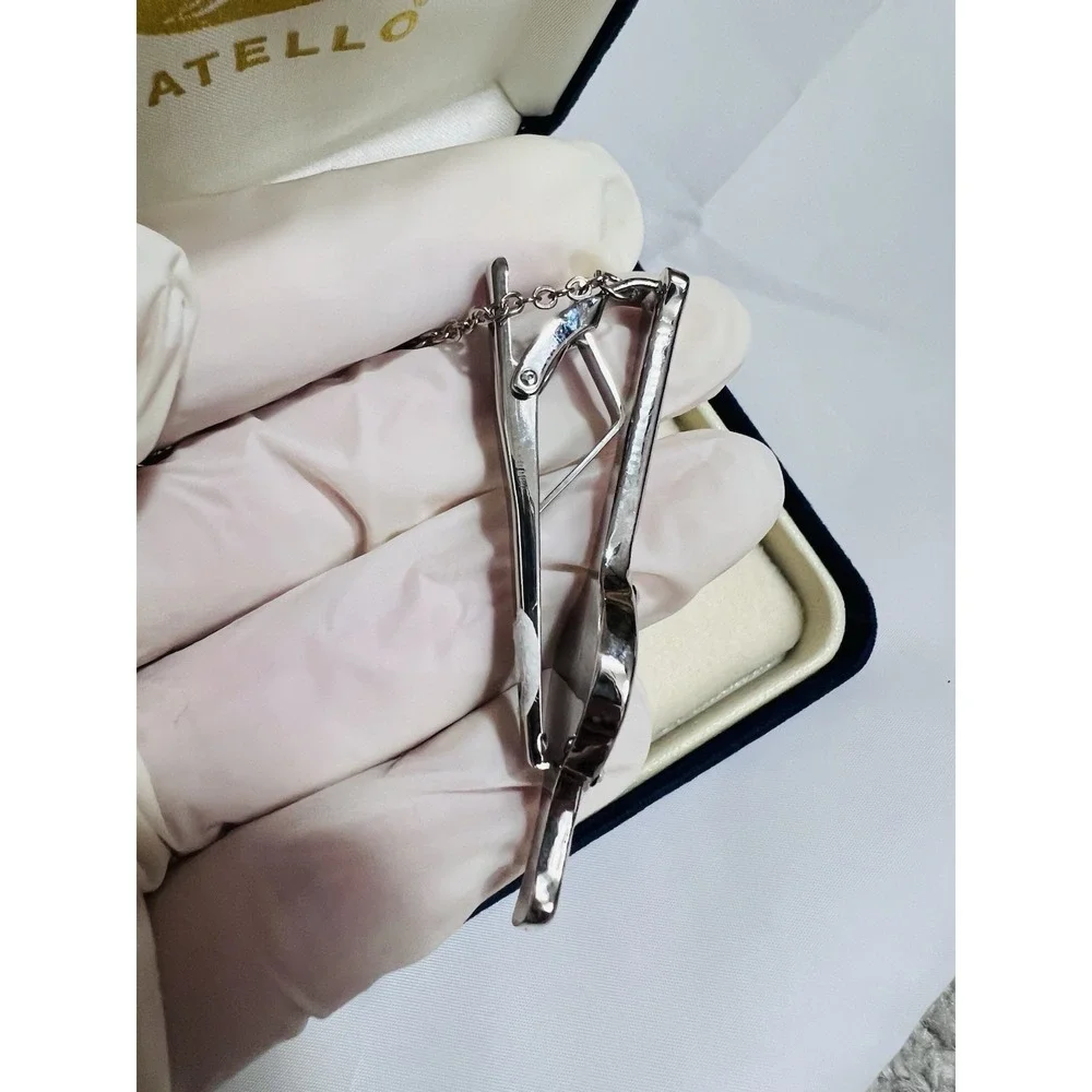 Vintage Fratello Cufflinks & Tie Bar Set Silver Tone Blue Accent Classic Elegant
